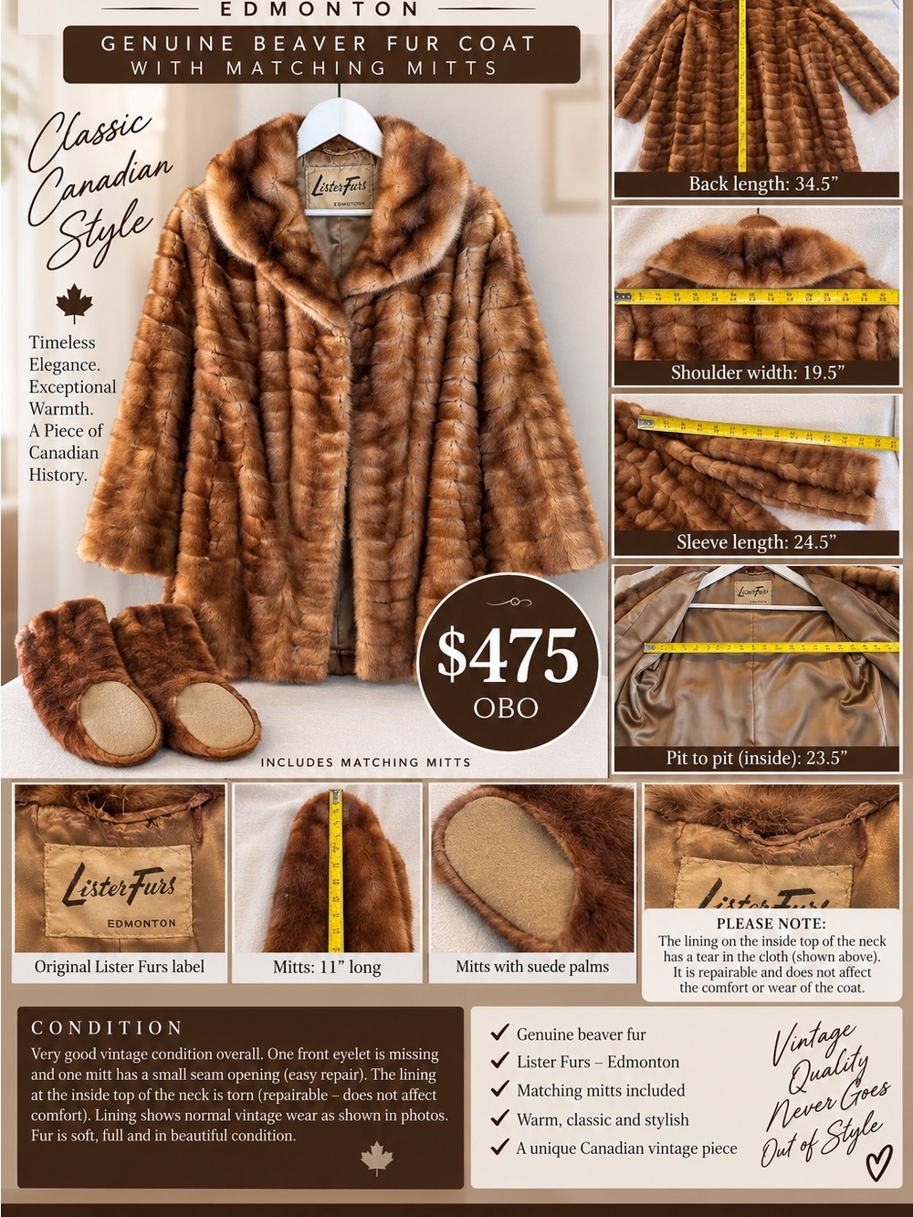 Kids Beaver Fur Coat in Brown with Matching Mitts